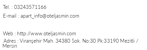 Jasmin Apart Otel telefon numaralar, faks, e-mail, posta adresi ve iletiim bilgileri